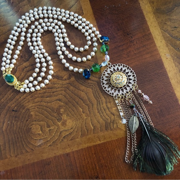 Handcrafted filigree pendant Czech Pearl genuine emerald gemstone clasp necklace - Picture 2 of 12